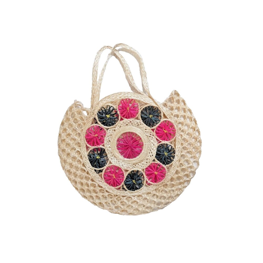 Vintage 70s Boho Jute Straw Tote Beach Bag Hippie Surfer Retro Open Weave Floral